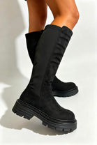 Black Faux Suede Knee High Chunky Calf Stretch Boots
