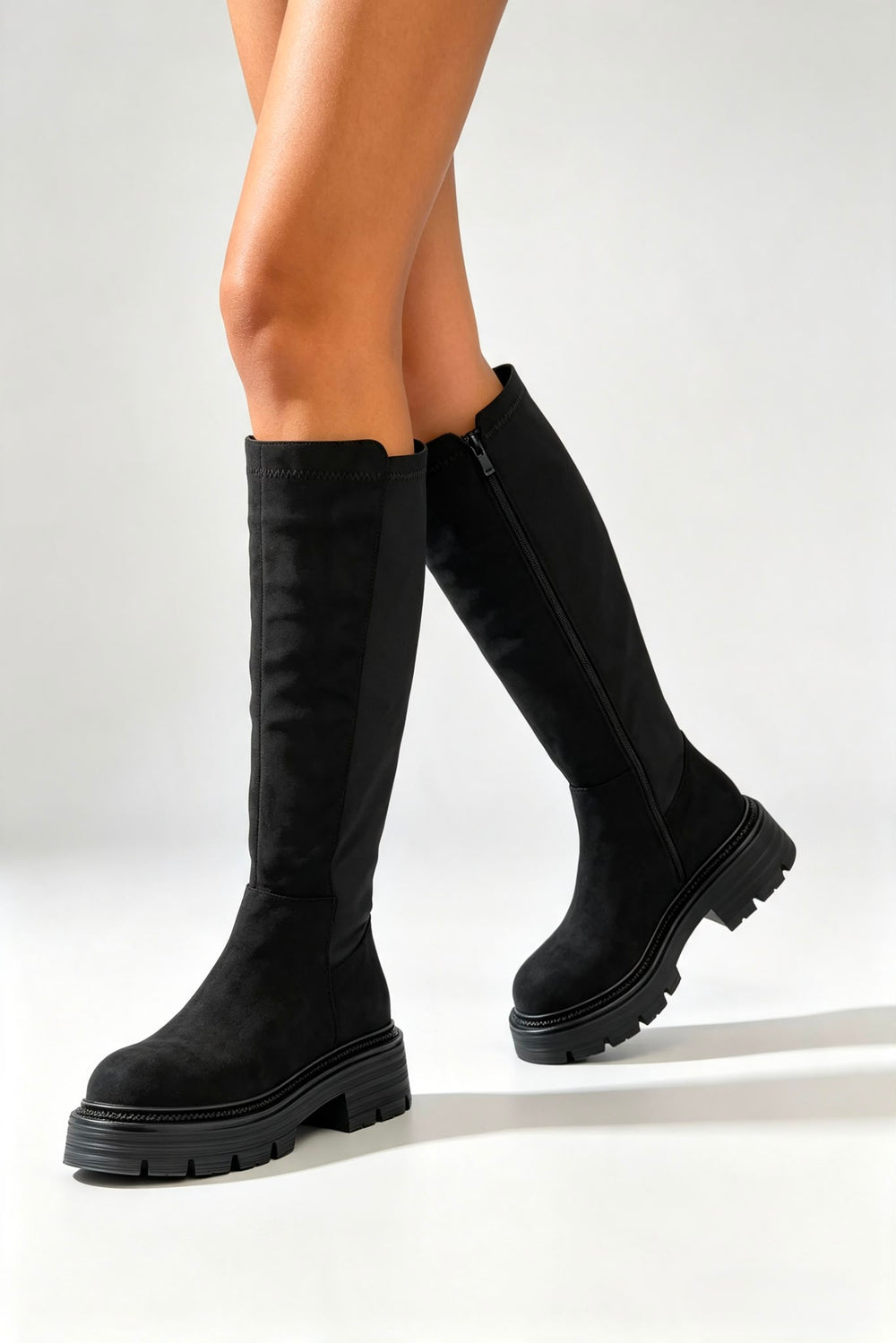 Black Faux Suede Knee High Chunky Calf Stretch Boots
