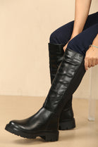 Black PU Chunky Calf Stretch Knee High Boot