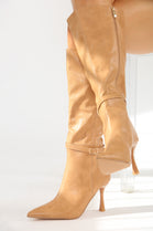Buckle Detail Stiletto Heel Pointed Toe Knee High Boots In Camel