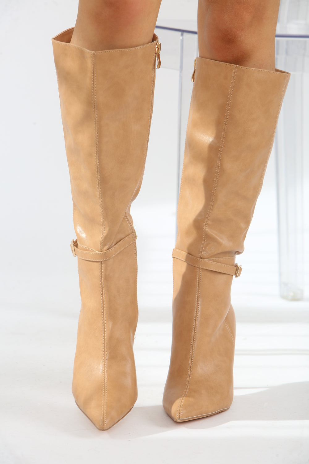 Buckle Detail Stiletto Heel Pointed Toe Knee High Boots In Camel