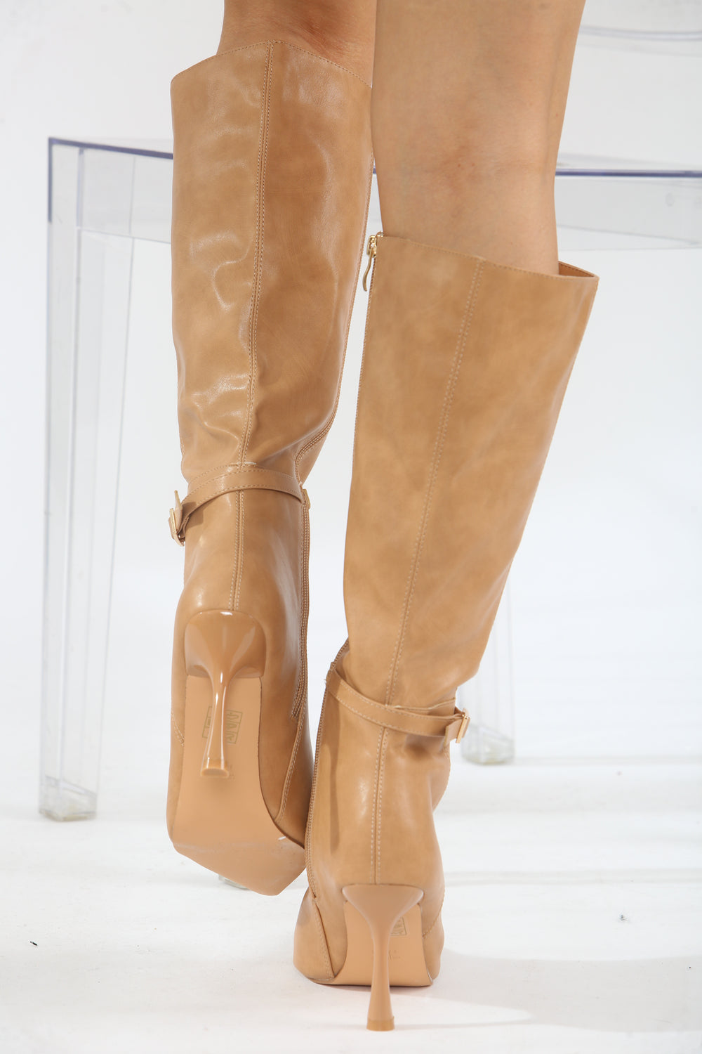 Buckle Detail Stiletto Heel Pointed Toe Knee High Boots In Camel