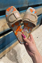 COLOURFUL PRINTED KHAKI FLATS BUCKLED DETAILED SUMMER SLIDERS