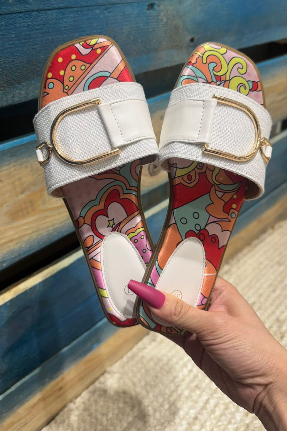 COLOURFUL PRINTED WHITE FLATS BUCKLED DETAILED SUMMER SLIDERS