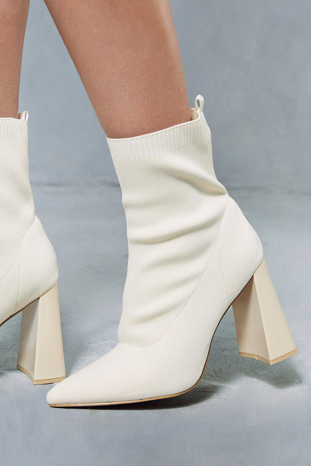 Beige Block Heel Ankle Sock Boots With Pointed Toe