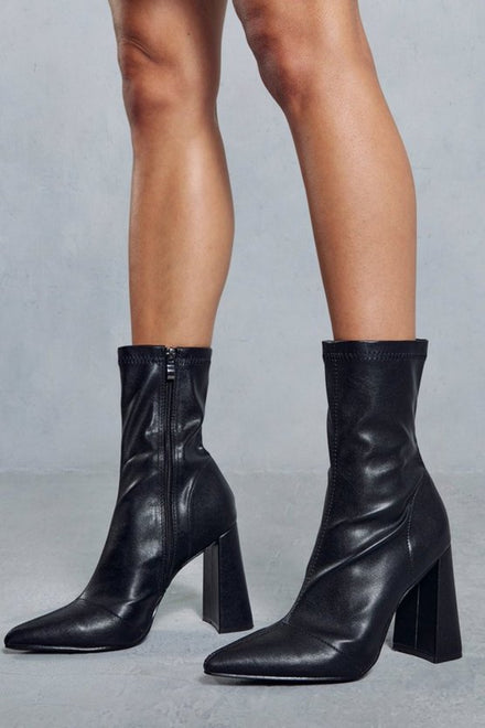 Black Block Heel Ankle High Boots With Pointed Toe & Side Zip