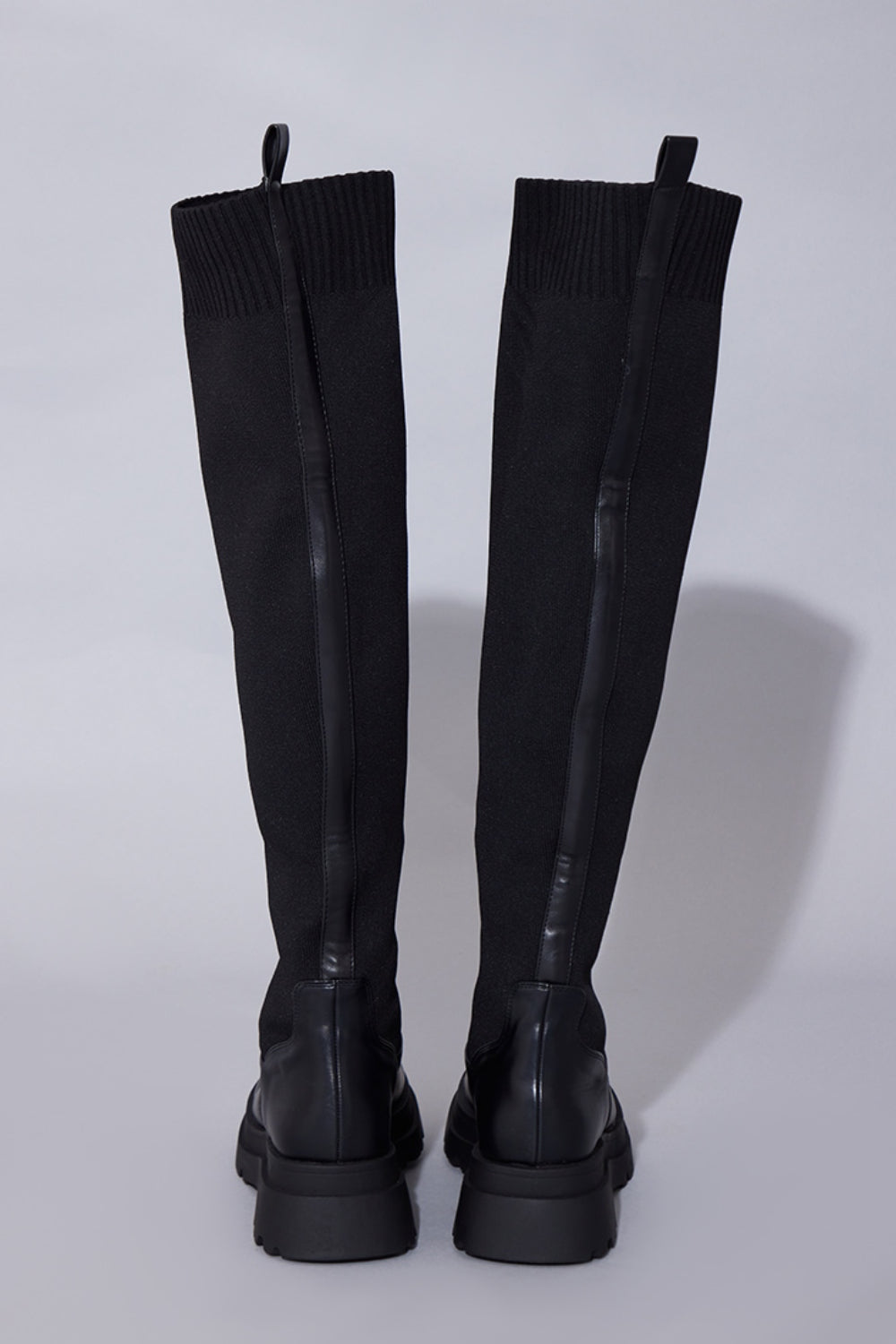 BLACK PU CHUNKY PLATFORM OVER THE KNEE KNITTED SOCK BOOTS