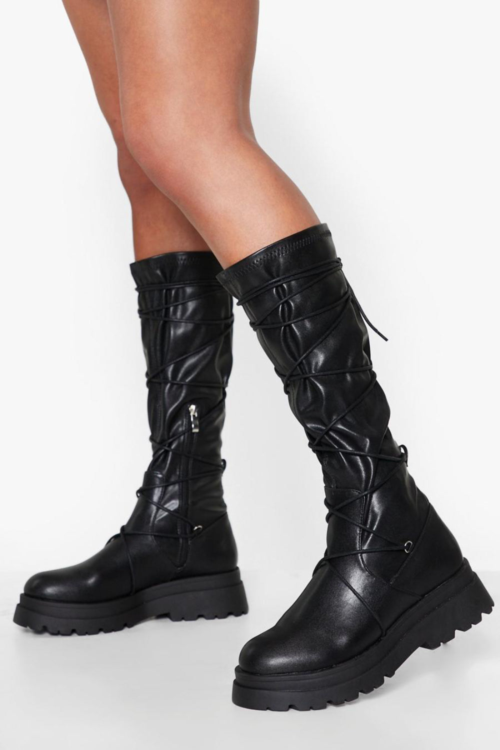 Black PU Chunky Leg Tie Lace Up Calf Boot