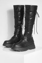 Black PU Chunky Leg Tie Lace Up Calf Boot