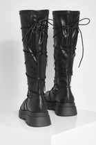 Black PU Chunky Leg Tie Lace Up Calf Boot