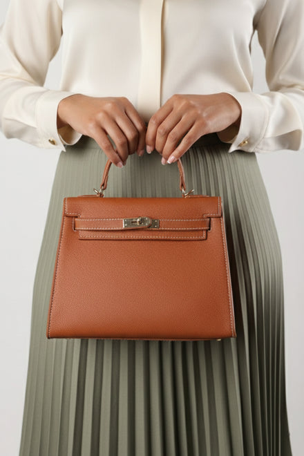 Luxury Tan Statement Handbag With Gold Trim