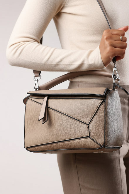 Geometric Crossbody Bag in Taupe Faux Leather