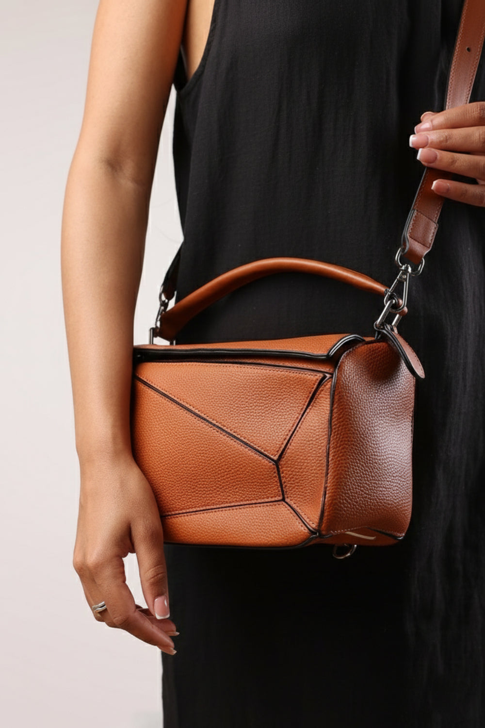 Geometric Crossbody Bag in Tan Faux Leather