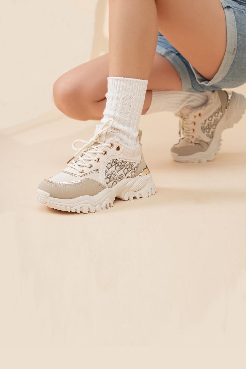 Women's Chunky Lace Up Side Detail Designer Faux Fur Lined Trainers in Beige
