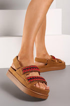 CAMEL WHIPSTICH TRIM VELCRO PLATFORM SUMMER SANDALS