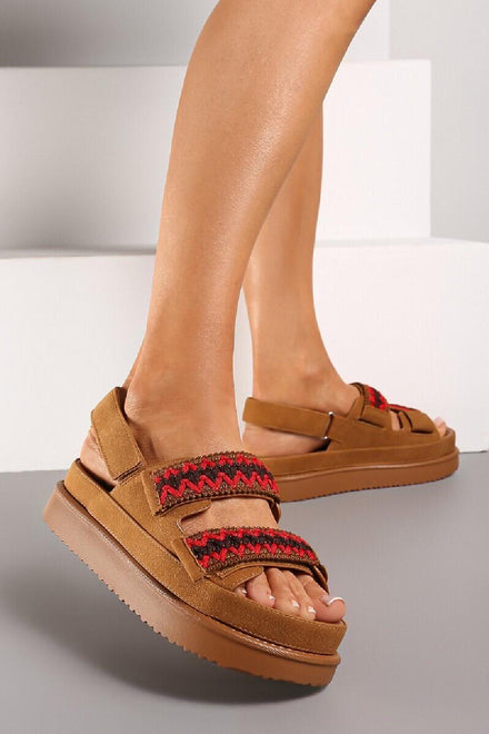 CAMEL WHIPSTICH TRIM VELCRO PLATFORM SUMMER SANDALS