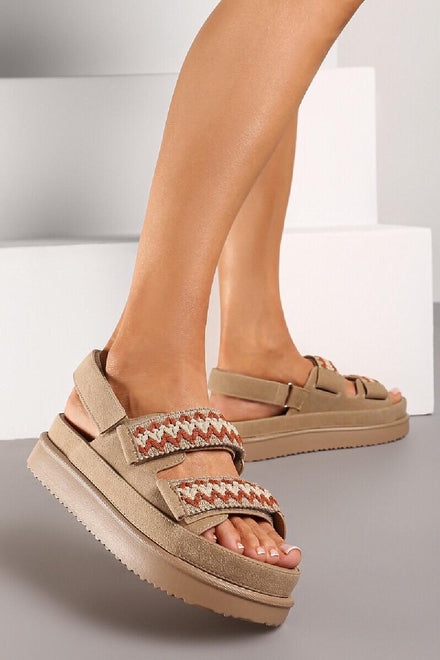 KHAKI WHIPSTICH TRIM VELCRO PLATFORM SUMMER SANDALS