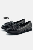 Kids Black Patent Chunky Bow Loafers