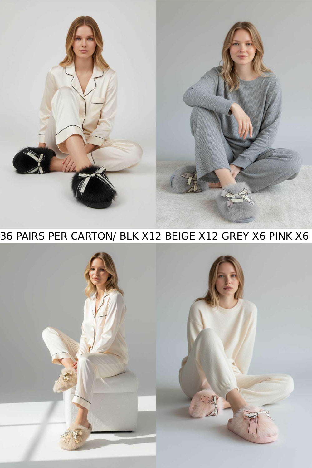 FAUX FUR COSY RIBBON SLIPPERS DESIGNER LADIES GIRLS SHOES MIX COLOUR -36 PAIR BOX (UNIT PRICE £6.50 PER PAIR)