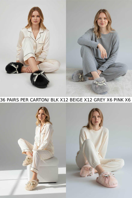 FAUX FUR COSY RIBBON SLIPPERS DESIGNER LADIES GIRLS SHOES MIX COLOUR -36 PAIR BOX (UNIT PRICE £6.50 PER PAIR)