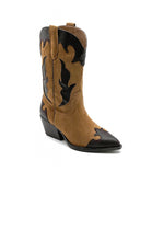 BROWN BLOCK HEEL WESTERN COWBOY CALF ANKLE BOOTS