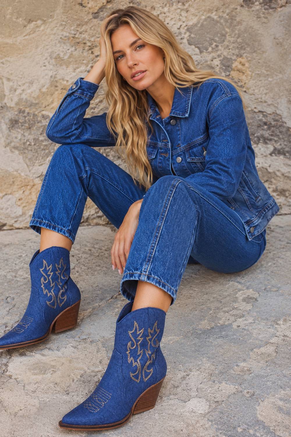 BLUE DENIM EMBROIDED ANKLE HIGH WESTERN COWBOY BOOTS