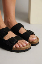 Black Footbed Double Buckle Flat Sandals