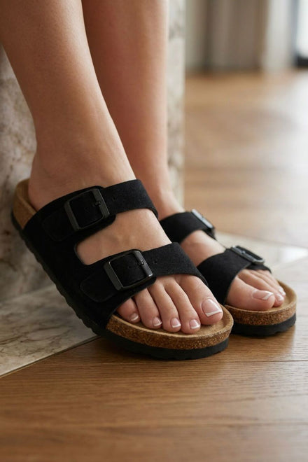 Black Footbed Double Buckle Flat Sandals