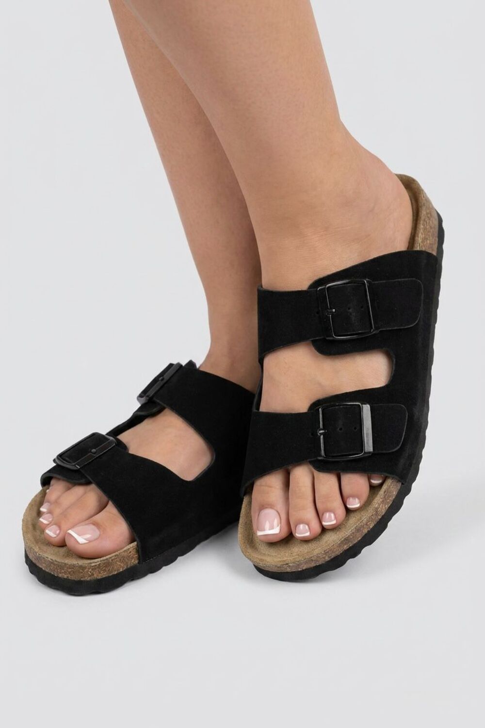 Black Footbed Double Buckle Flat Sandals