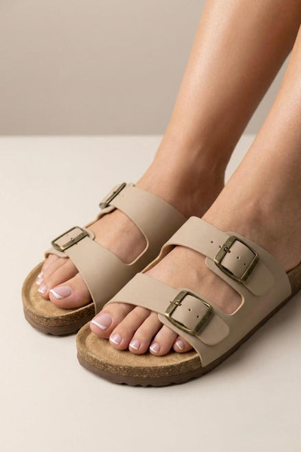 Camel Footbed Double Buckle Flat Sandals