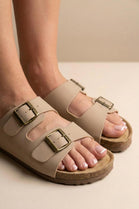 Camel Footbed Double Buckle Flat Sandals