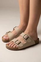 Camel Footbed Double Buckle Flat Sandals