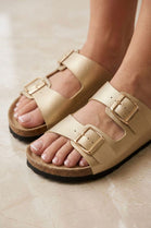 Gold Footbed Double Buckle Flat Sandals