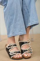 CONTRAST STITCH BLACK SOFT FOOTBED SUMMER FLAT SLIDERS SANDALS