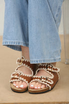 CONTRAST STITCH TAN SOFT FOOTBED SUMMER FLAT SLIDERS SANDALS