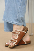 CONTRAST STITCH TAN SOFT FOOTBED SUMMER FLAT SLIDERS SANDALS