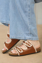 CONTRAST STITCH TAN SOFT FOOTBED SUMMER FLAT SLIDERS SANDALS