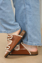 CONTRAST STITCH TAN SOFT FOOTBED SUMMER FLAT SLIDERS SANDALS