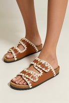 Tan Soft Footbed Flat Sliders Contrast Stitch Sandals