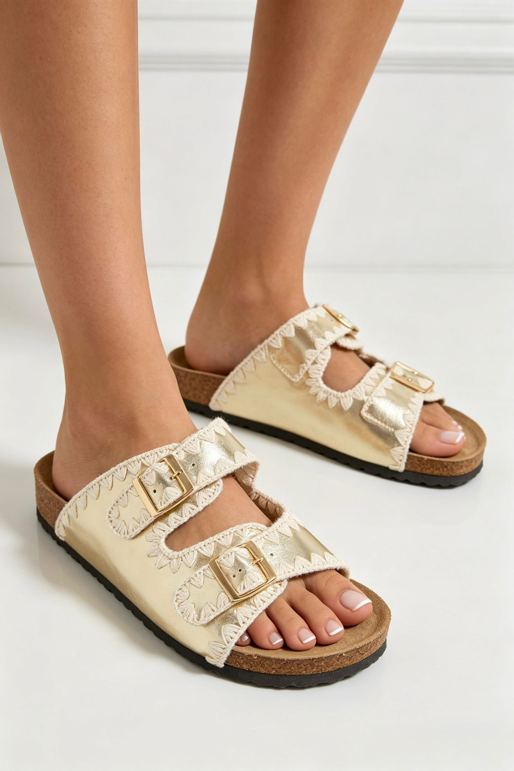 Gold Soft Footbed Flat Sliders Contrast Stitch Sandals