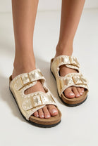 Gold Soft Footbed Flat Sliders Contrast Stitch Sandals