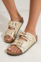 Gold Soft Footbed Flat Sliders Contrast Stitch Sandals