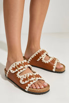 Tan Soft Footbed Flat Sliders Contrast Stitch Sandals