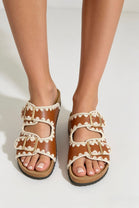 Tan Soft Footbed Flat Sliders Contrast Stitch Sandals