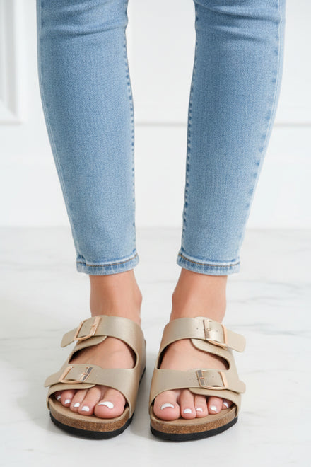 Gold Footbed Double Buckle Flat Sandals - 12 Pairs