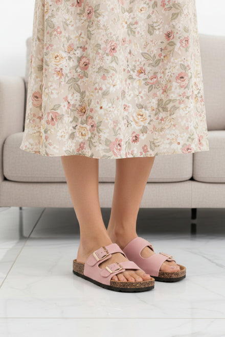 Pink Footbed Double Buckle Flat Sandals - 12 Pairs