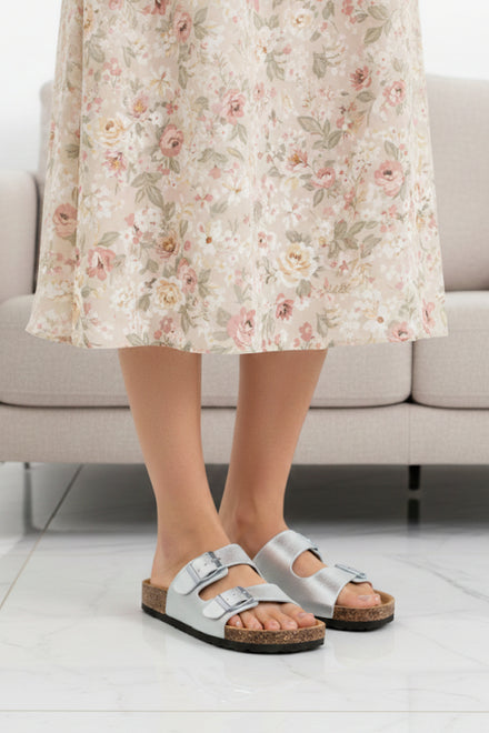 Silver Footbed Double Buckle Flat Sandals - 12 Pairs