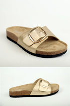 GOLD OVERSIZED BUCKLE SOFT FOOTBED SANDALS