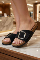 Black Buckle Detail Soft Footbed Slide Sandals - Pack A
