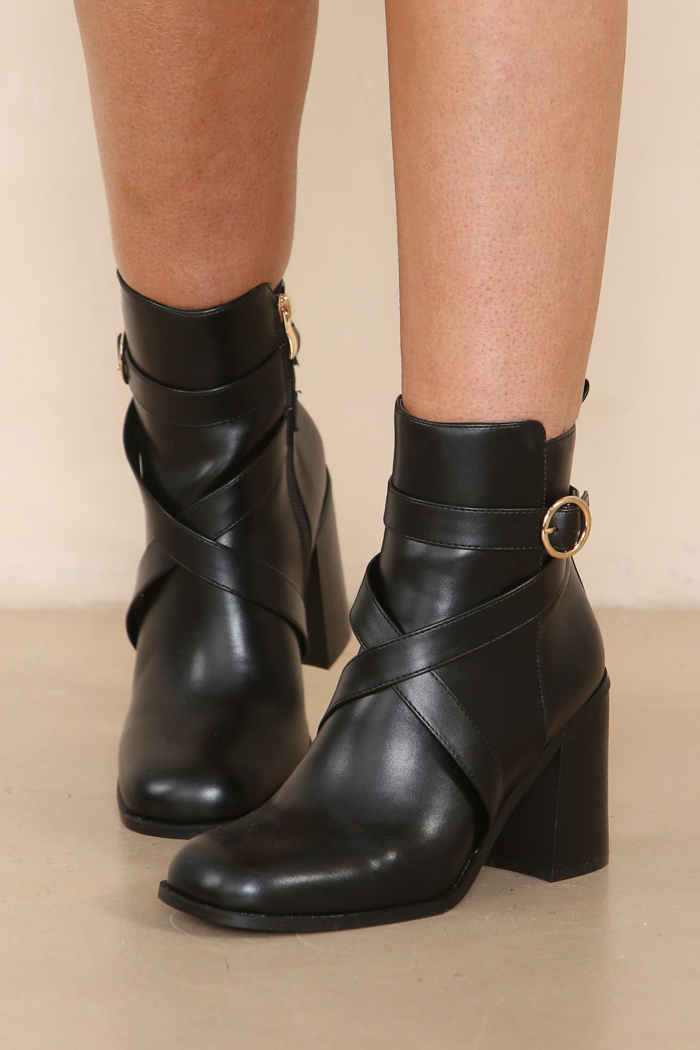 BLACK PU CLASSIC HEELED ANKLE BOOT WITH BUCKLE